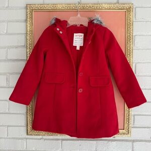 Toddler Girls Red Faux Wool Pea Coat with Fur Hood ❤️